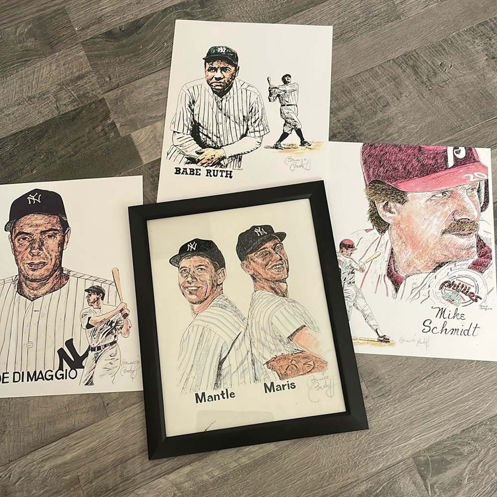 Set of 4 Prints Baseball Greats by Artist Bernice Batoff  for your Man Cave!
